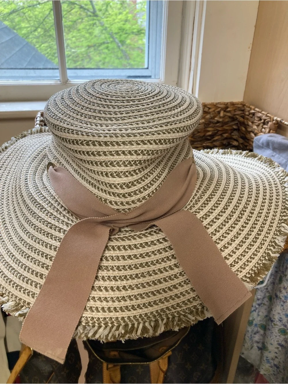 Eric Javits Cream Straw Sun Hat with Taupe Ribbon - Picture 2 of 3